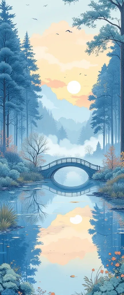 ( Great Painting :1.2,Outstanding Quality, ending the mirror ,  The best illustration  ),8k,16k, wallpaper ,(Quiet lake),( morning fog ),(Quiet lake畔の森の影),( and cuckoo croaks  ),(Water color ),( Animated ),( Beautiful gradient ),(VFX  )