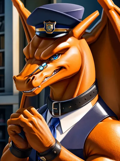 Solo, Male, close up, fat, extremely obese, gentleman, dapper Charizard, blue eyes, (soft shading), 4k, hi res, ((detailed face, detailed)), looking at viewer, evil grin, police station, collared shirt with buttons, hat, male focus, Police Uniform, glasses...