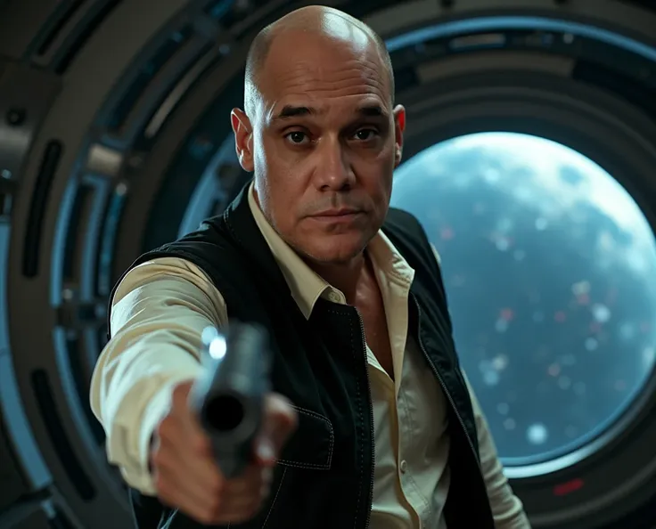  close up cinematographic photograph of a bald man ,  dark eyes,  who wears Han Solo clothing from Star Wars and holds a gun in one of his hands ,  standing inside a retro futuristic spaceship with a large window in the background overlooking space, 80s sc...