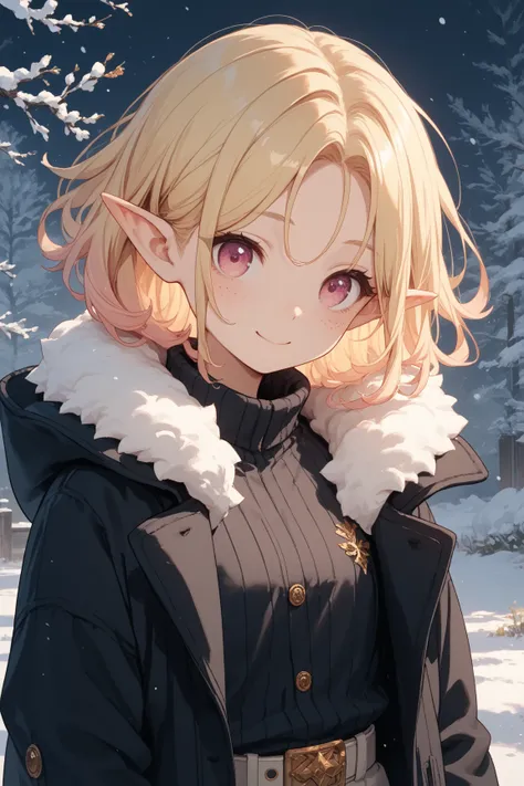 Anime flat lllustration anime half-elf lady with pale skin,She has side parted hair, She has long bright blonde hair with pink tips, has bangs, She has pink eyes. She has freckles, Black coat with white fur trim and gold belt winter clothes, cute smile