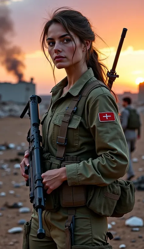 A determined woman soldier stands in a war-torn landscape, her uniform slightly tattered and dirtied from battle. She has long, windswept hair pulled back into a practical bun, revealing a face marked by both grit and resolve. Her expression reflects the w...