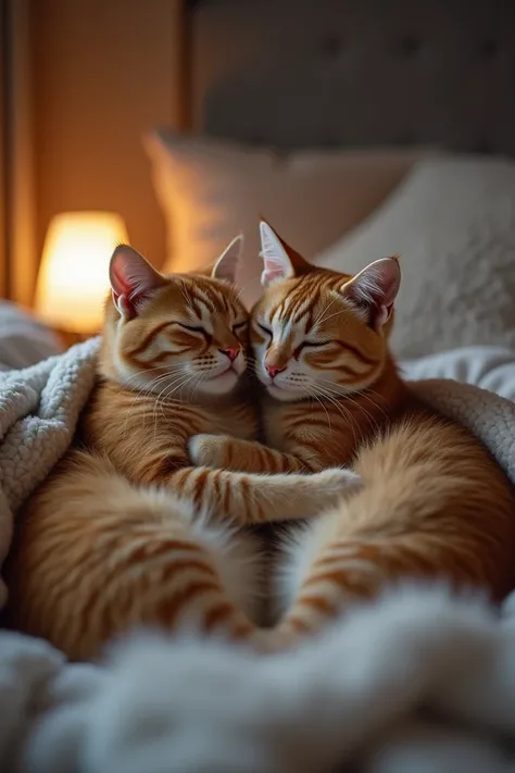 Create a picture to post good night. In the picture, a cat is hugging another cat and they are lying on a bed with a blanket on. Getting ready for sleep. Picture of two cats The shot will be taken from a close distance, so the two cats will look natural.