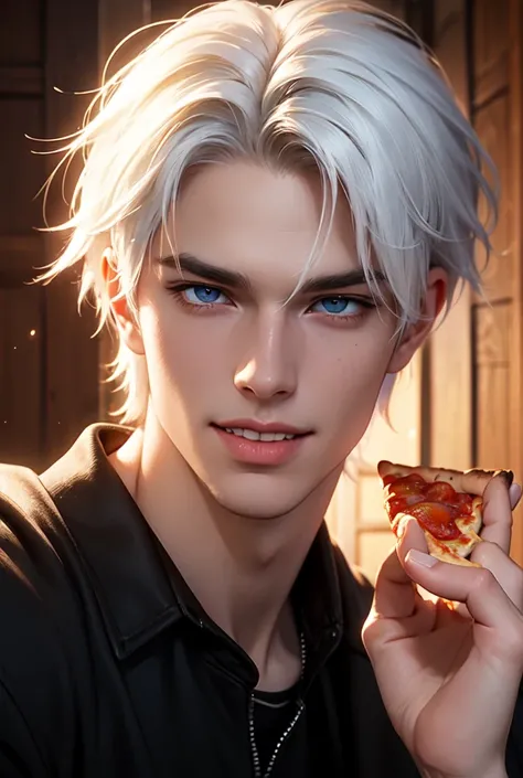 Blue eyes, Smile, Selfie, Dante from Devil may cry, White hair, eating pizza, selfieHigh Resolution, Masterpiece, Best Quality, 