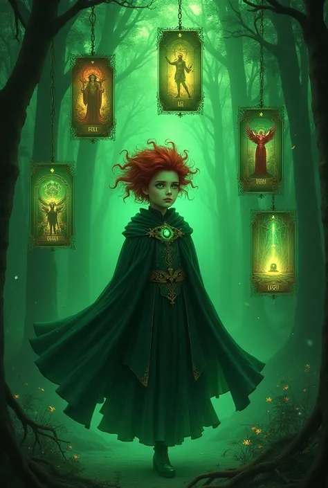 Create image of  wizard boy with blood red hair and emerald green eyes that glow in green aura, he is divination witch therefore strongly associated with tarot, he is in a dark forest floating in green aura with giant seven tarot cards floating around him ...