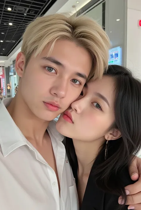 (teenager)A Norwegian boy from Europ,blue eye ,Blonde hair (kiss on the cheek) Thai girl ,honey-colored skin, Black hair, black eyes , Selfie,Couple, front camera photo ,Siam Paragon