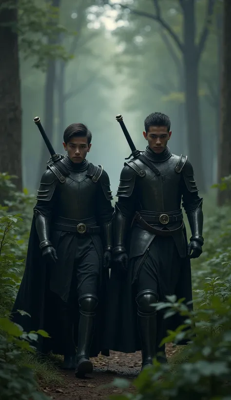 Young men in 25, in a black light weight armour, with sword at back, black hair, brown eyes, full details in clothes, ultra realistic, full body, in a dark mysterious and dangerous forest