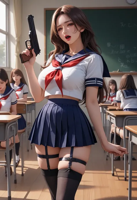 _Liu Jiang , mature woman,Brown Hair, brown eyes, Big Breasts,Breast bruises,遊び心のある笑face,  Details_face,  long hair, , lipstick,,masterpiece,  top quality , highly  Details, a  anime girl  in sailor uniforms with a gun posing for a picture, evil 笑face, 笑fa...