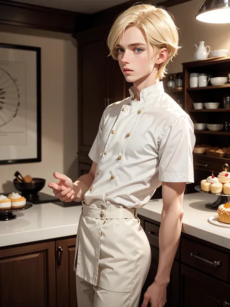 (best quality), 1boy, male, porcelain skin, blonde hair, medium hair, straight hair, side swept bangs, brown eyes, perfect eyes, patissier uniform, skinny body, masterpiece, anatomically correct, highres
