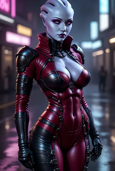 Full-body portrait of a strikingly beautiful Asari woman with rare crimson-wine skin, standing in a futuristic, cyberpunk-inspired setting. Her curvaceous yet athletic figure is emphasized by a sleek, custom tactical infiltrator suit in deep crimson and bl...