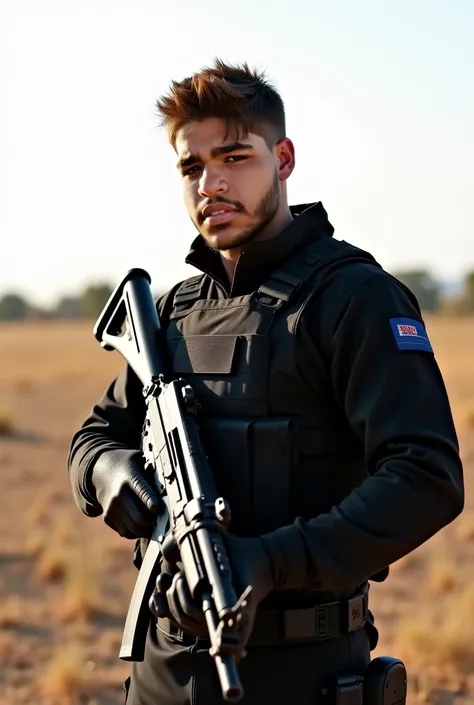  Realistic image of a 30-year-old man with a brown complexion , short and tidy beard.  His body is slim but athletic .  He is dressed completely in black ,  wearing a tactical bulletproof vest ,  with a military or security look .  In his hands he holds a ...