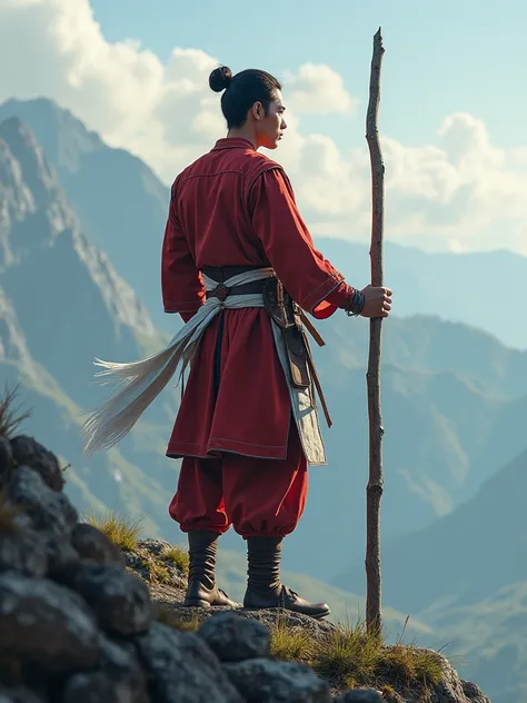 A man, a PSHT (Persaudaraan Setia Hati Terate) warrior, holding his staff, standing on top of a high mountain, wearing the complete PSHT uniform with his white belt (sabuk mori).