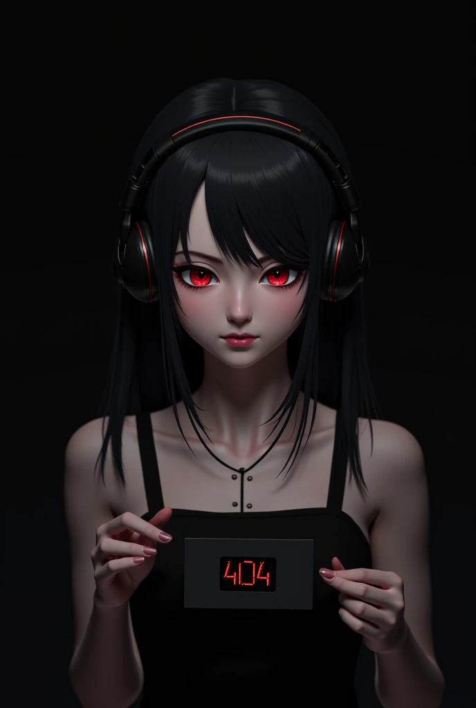 black background , 1girl, long hair, 1 headphone, beautiful, red eyes, black hair, black strap top, holding sign (404)