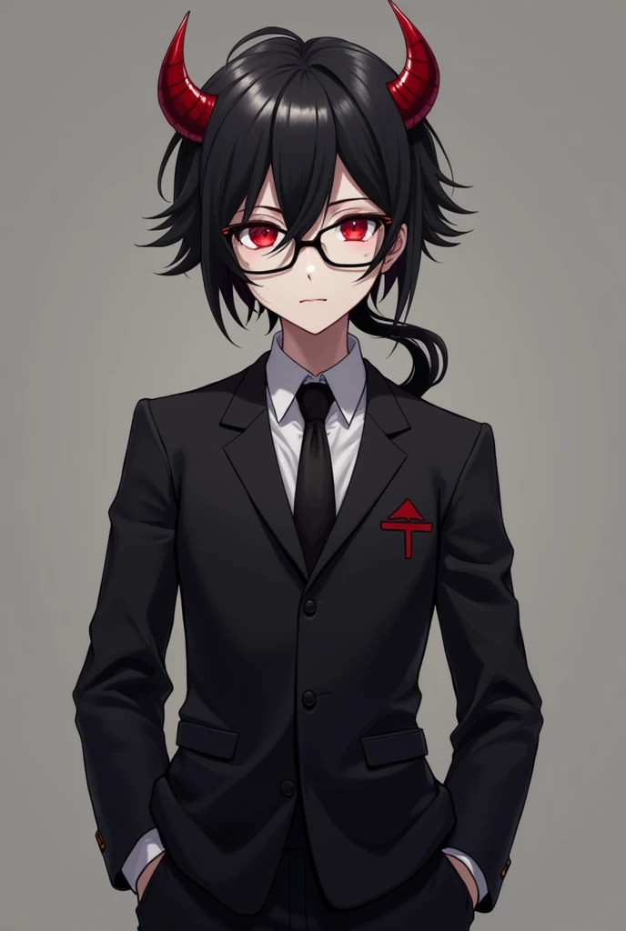 3d character wearing thin glasses, He has short black hair thrown back with two strands in the front. He wears a black suit and black pants. He has two red horns and red eyes. He is pale white and has red eyes. 
Make him from the waist up like anime charac...