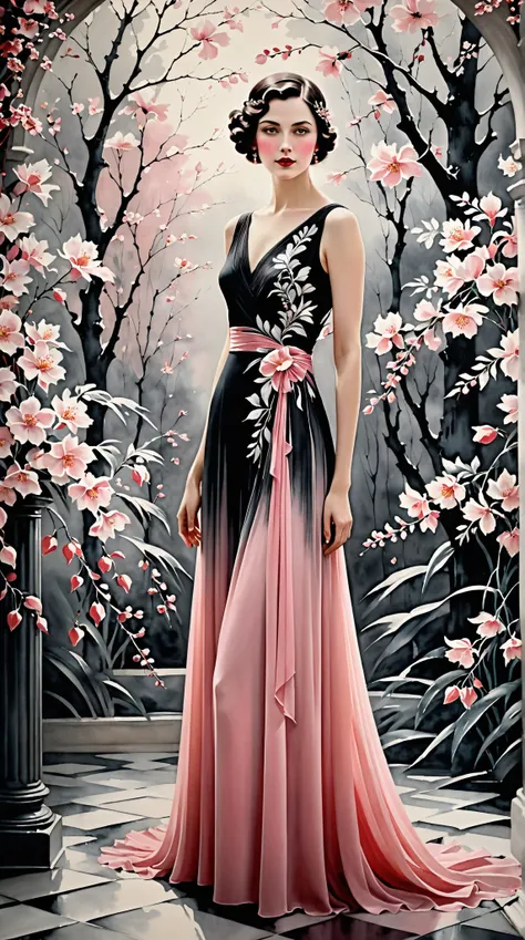 In a whimsical floral backdrop, a graceful European woman from the 1920s stands elegantly. Her delicate features are softly illuminated, framed by gentle waves of dark hair. She wears a flowing pink dress that billows lightly, enhancing her serene presence...