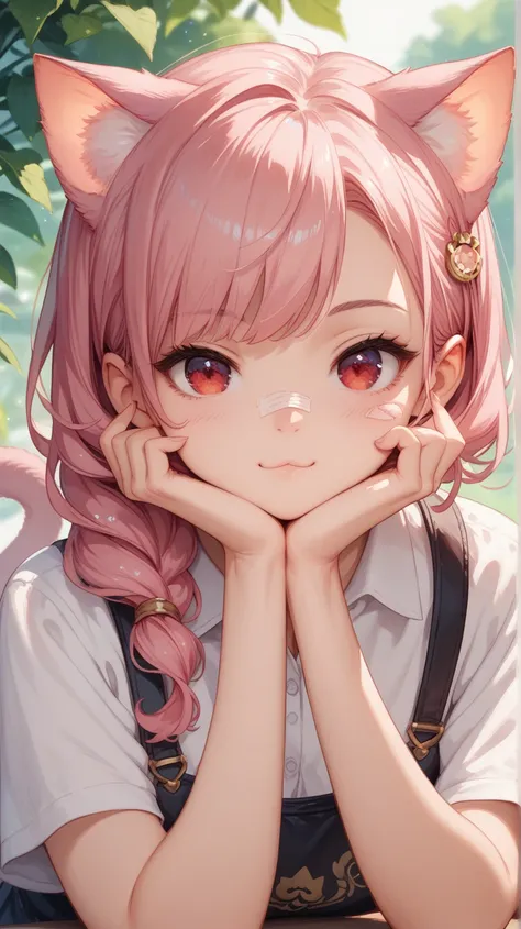 An anime girl with red eyes and pink hair siting gracefully. Her hands rest gently on her lower body. She has cat ears and a cat tail. Zoom on face, zoom into the face, zoom in face, cute, looking at the viewer. 