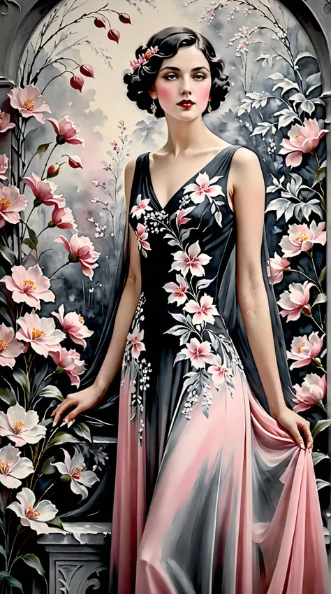 In a whimsical floral backdrop, a graceful European woman from the 1920s stands elegantly. Her delicate features are softly illuminated, framed by gentle waves of dark hair. She wears a flowing pink dress that billows lightly, enhancing her serene presence...