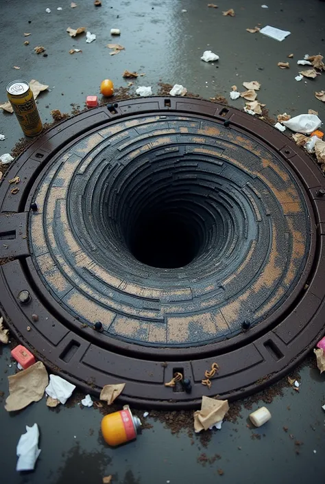 Design a manhole cover that sucks in trash around it as the gravitational wave created by a black hole sucks in material