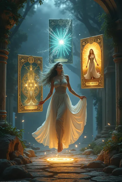 Recreate image in realistical style add the three cards Ive mentioned floating + high priestesses and the world 