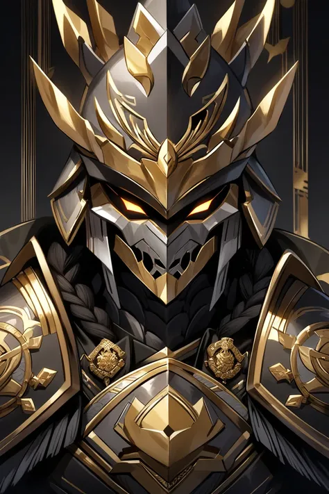 . The kabuto features metallic textures in dark gray and black, accented with gold detailing on the trims and emblems. The central crest is adorned with an ornate golden flower symbol (mon) that signifies nobility. The mask (mempo) has a fierce and menacin...