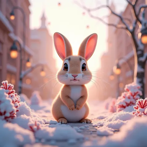  a cute little rabbit entering a big city with the words "Happy New Year", big bright eyes,  in the style of enchanted Christmas realism ,  delicate and ethereal Christmas setting , Fairy dream ,  shiny core as background ,  light silver and light pink .