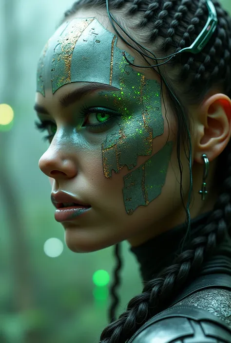 [id422363793|Екатерина], можно и даже нужно! 😁 Вот он:

A close up hyperrealistic image of a futuristic warrior woman with matte silver skin and bronze-green lines that resemble ancient cybernetic symbols. One eye is covered with a holographic design resem...