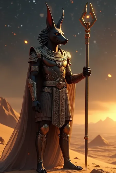 Anubis, the ancient Egyptian god of the afterlife, depicted as a strong and majestic figure with a jackal head, standing tall in full ceremonial armor. His face is stern and resolute, radiating an aura of defense and protection. The setting is a detailed a...