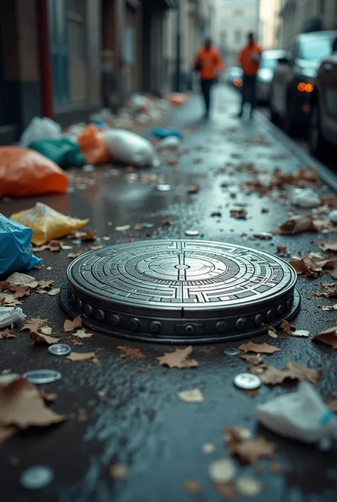 Design a  manhole cover that sucks in trash around it as the gravitatioanl wave created by a black hole sucks in material but the wave must be shown 