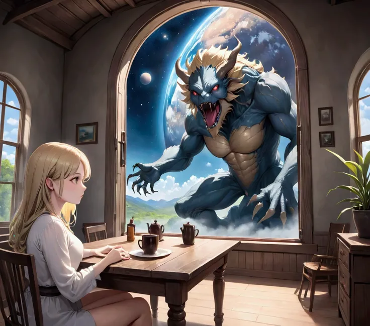  Beautiful blonde woman sitting at a table with a monster and talking to him, In the background a big window and you can see the universe