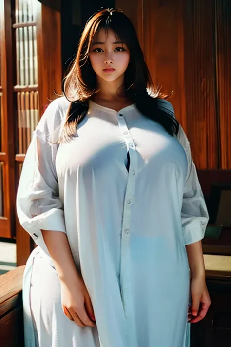 Plus size beautiful naked woman, plump body, voluptuous, gigantic droopy  in silk white shirt, large breasts, thick tight, tall woman, long wavy bangs, seductive pose