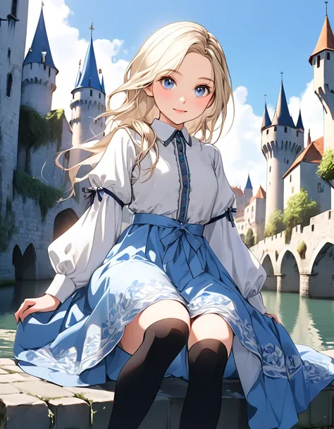 "A 14-year-old girl with a cute and youthful face. She is wearing a modest yet luxurious and beautiful long blue and white dress. She has black thigh-high socks that reach up to her thighs. Her hair is short, straight, and platinum blonde. The background f...