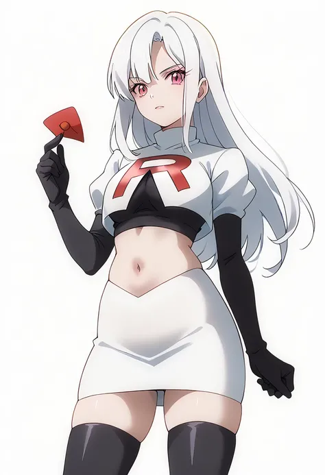 score_9_up,score_8_up,score_7_up,DL_MS,1girl,solo,white hair,bangs,looking at viewer,long hair,pink eyes,cowboy_shot,white_background,simple_background,team rocket,team rocket uniform,white skirt,red letter R,crop top,black thigh-highs,black elbow gloves