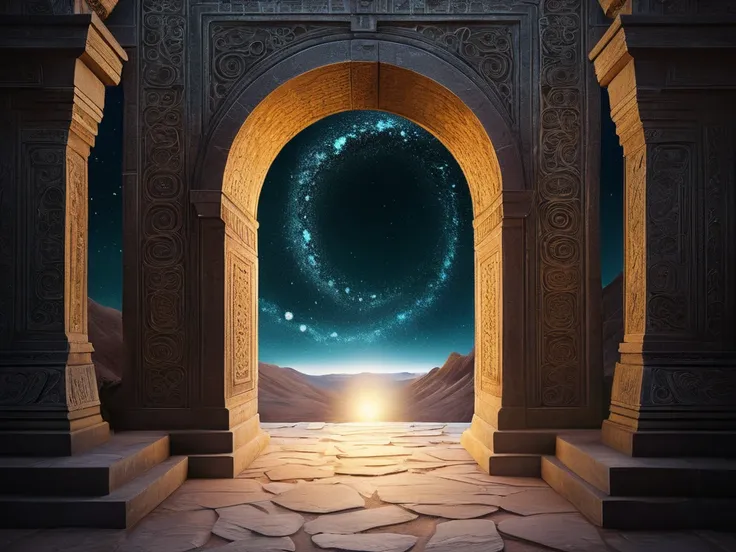 An ancient, glowing gateway with nine intricate symbols carved into its archway, each pulsating with light. A glowing path leads to the portal, surrounded by swirling stardust and faint whispers of celestial music. The scene feels inviting yet profound, be...