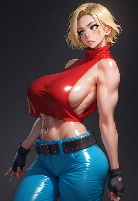  mature woman,big breasts ,wide hipRUKIA Style,shiny skin,shiny clothes, sexual , sleeveless turtleneck, sleeveless, baggy pants, loose belt, red crop top, blue_Pants, fingerless gloves, medium blonde hair, American woman,big blue eyes,sideboob