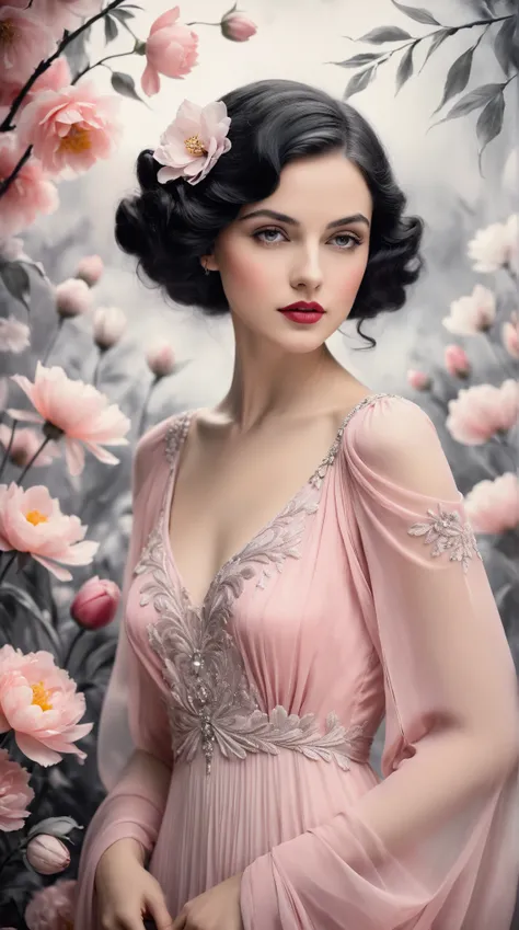 In a whimsical floral backdrop, a graceful European woman from the 1920s stands elegantly. Her delicate features are softly illuminated, framed by gentle waves of dark hair. She wears a flowing pink dress that billows lightly, enhancing her serene presence...