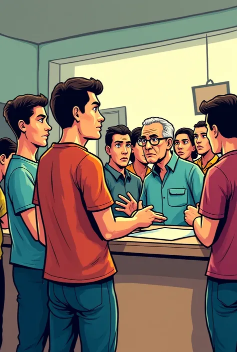 10 people waiting in counter in queue in comic inside the counter a old man
