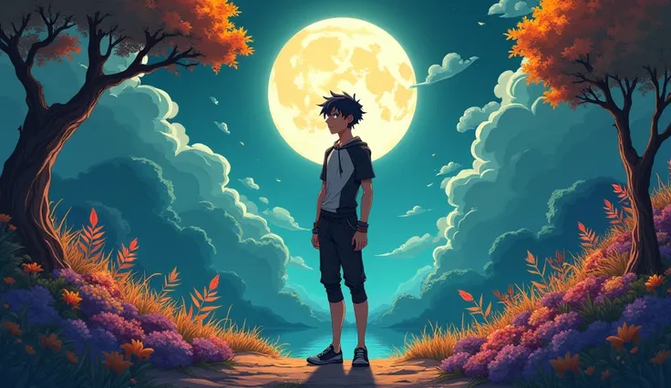 an male anime character standing in a place with surroundings green , orange and violet color nature and glaring at the moon outside