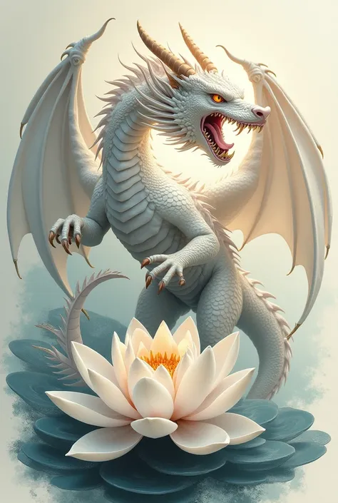 A tattoo of a white dragon rising from a white lotus flower in a triumphant pose, The dragon must look wild 