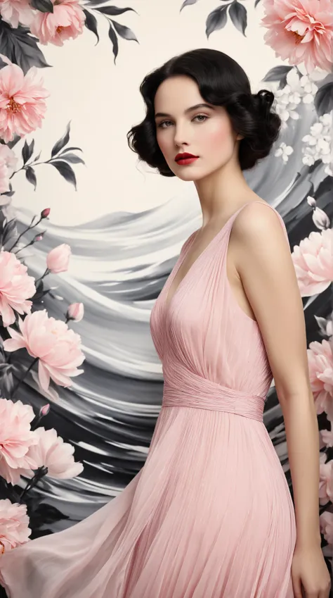 In a whimsical floral backdrop, a graceful European woman from the 1920s stands elegantly. Her delicate features are softly illuminated, framed by gentle waves of dark hair. She wears a flowing pink dress that billows lightly, enhancing her serene presence...