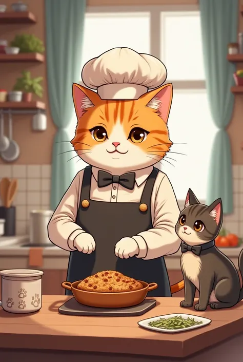 A male cat cooking for a female cat 