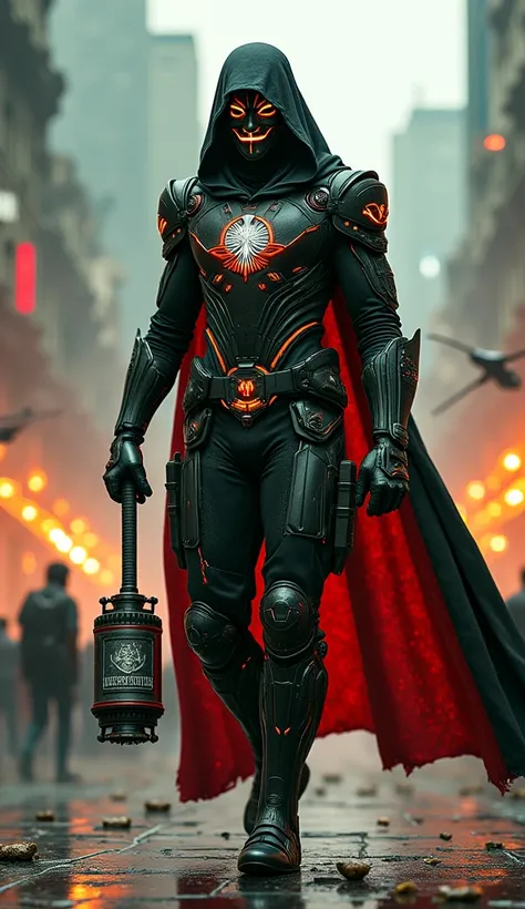 A mysterious male warrior inspired by the spirit of Anonymous strides through a futuristic battlefield in dystopian Mexico City. His armor is a sleek fusion of black with glowing red, white, and green, adorned with pulsing digital designs inspired by the M...