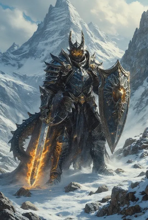 A black dragon battle knight with sword and shield, big, mountain, skies, fight, epic, fire, snow storm, dawn