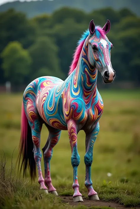 The horse with unusual and colourful pattern. Cinematic. Realistic. Shot on an Arri Alexa 35. Shot on a Kowa Cine Pominar Spherical Prime lens.