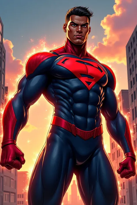 Create an image of a smooth-haired black superhero with an athletic body in the shape of a cartoon/anime