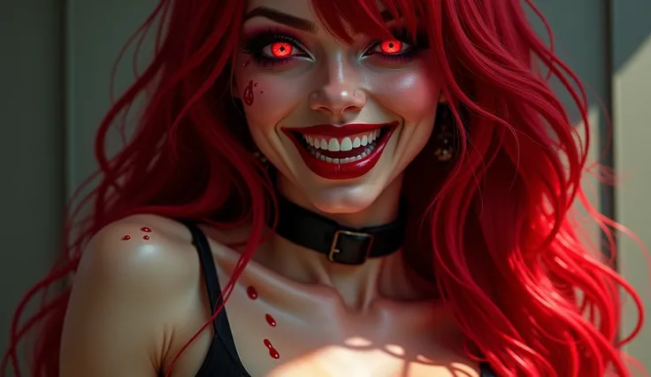 1girl, High Resolution, Looking at viewer, Smile, Red Eyes, Very Long Hair, Ponytail, Fangs, Masterpiece, Accurate, Anatomically Correct, Best Quality, Detail, Red Hair, Hair Over One Eye, Large breasts, Smile, Open Mouth, Red Eyes, Fangs, Makeup, Fangs, D...