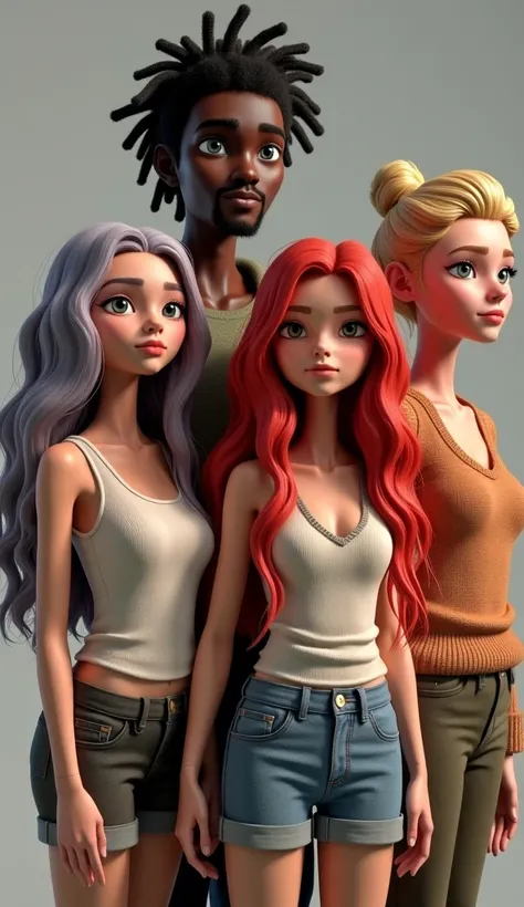 four young women and two men in the image. The first man is tall and has black skin and dreadlocks. The first woman has long wavy silver grey lilac tint ombre hair; the second woman has a thin face and long wavy red hair, and small boobs, the third woman h...