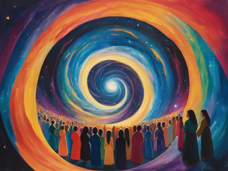 A swirling cosmic vortex of vibrant colors, drawing the viewers eye into its glowing center. Around the edges of the vortex, faint silhouettes of people reaching out, as if being pulled into a deeper understanding of reality.