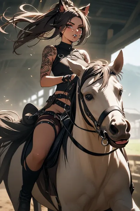 girl with cat ears, brown eyes,  septum piercing, lip piercing, both sides of her nose pierced, tattoos, riding on a horse 
