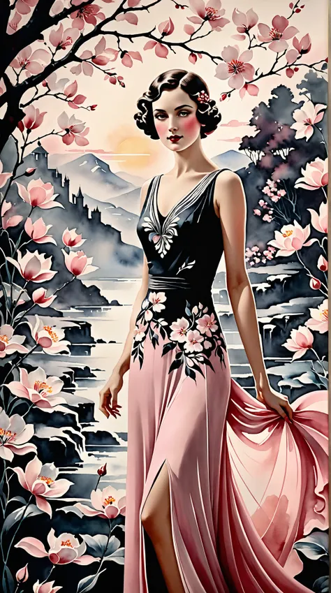 In a whimsical floral backdrop, a graceful European woman from the 1920s stands elegantly. Her delicate features are softly illuminated, framed by gentle waves of dark hair. She wears a flowing pink dress that billows lightly, enhancing her serene presence...