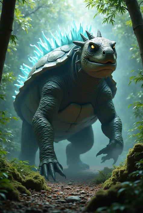 I want to see ultimate fusion of giant snapping turtle and a demon horse in forest with face like horse beak like turtle body like horse and shell like turtle 