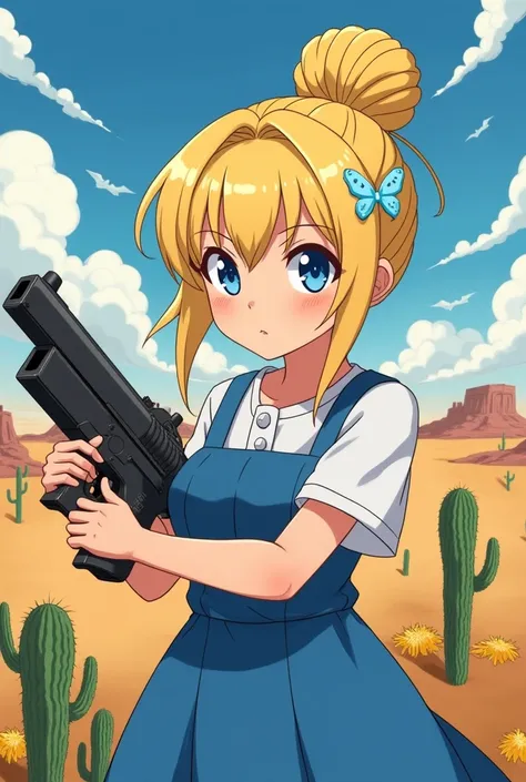 The art depicts a girl with a determined expression, holding a futuristic weapon in her hands. She has blonde hair, gathered in a high bun, and decorated with a small bookmark in the form of a butterfly. In the background, a desert landscape with cacti and...